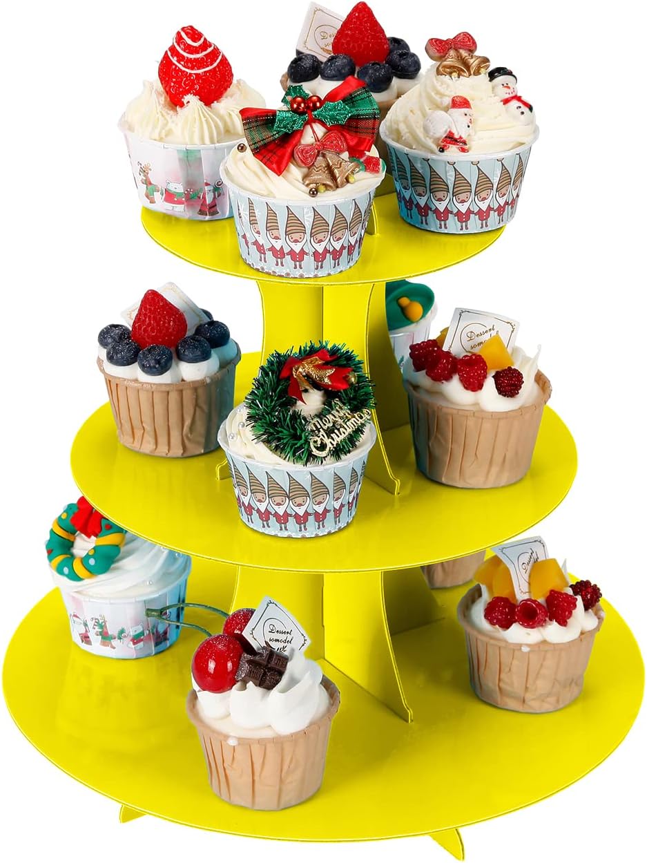 2Pcs 3-Tier Cupcake Stand, Cake Stand holder, Tiered DIY Cupcake Stand Tower for Dessert Table Displays, Birthday Theme Party Favors Decoration, Floral Tea Party, 12" W x 12.8" H, Yellow