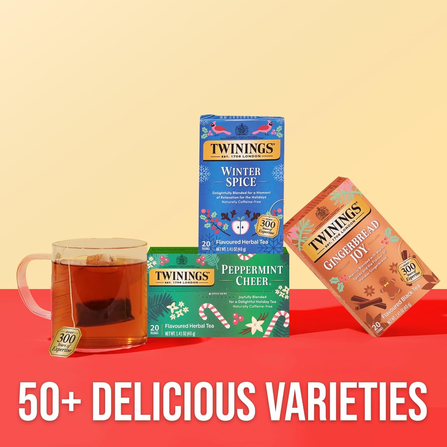 Twinings Peppermint Cheer Herbal Tea Individually Wrapped Bags, 20 Count (Pack of 1), Peppermint & Vanilla, Naturally Caffeine-Free, Enjoy Hot or Iced, 20 Teabags