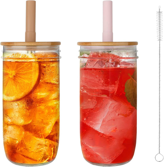 Glass Tumbler with Lids and Straws 2 Pack, 24oz Glass Drinking Jars with Lids and Straws,Reusable Wide Mouth Mason Jar Iced Coffee Cup,Smoothie Cup Coffee Travel Mug for Car/Home-Pink/Coffee