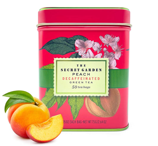 Premium Decaf Peach Herbal Green Tea Bags 50 Pack Designer Tin, Eco-Friendly, Sugar Free, Keto & Diabetic Friendly Full Bodied Aromatic Flavor Family Share Size Bulk Teabags (50-Count)