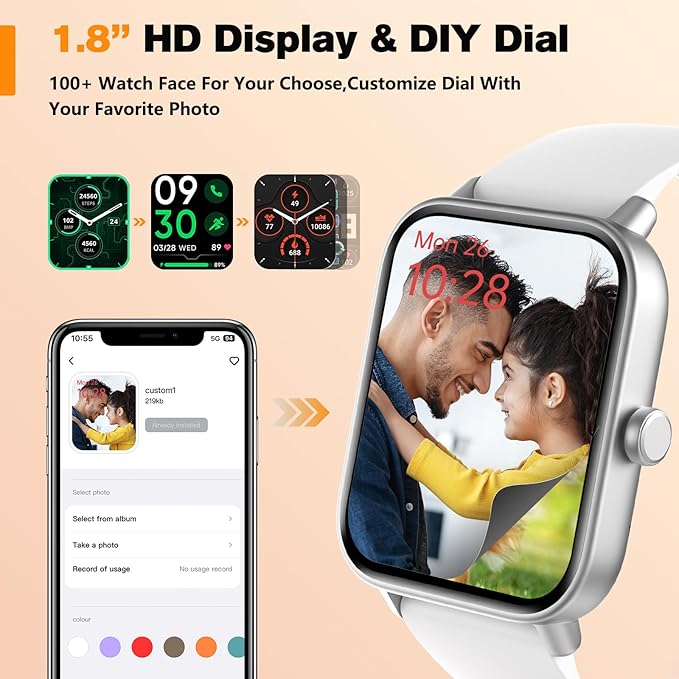 Smart Watch for Women Android iPhone Compatible, 1.8” Touchscreen,Bluetooth Call,24/7 Heart Rate, SpO2 Monitor, Step Counting, Sleep Tracking, IP68 Waterproof Activity Tracker and Smartwatch(White)