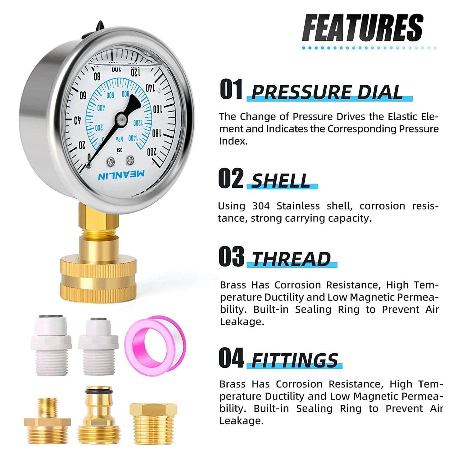 MEANLIN MEASURE 0~200Psi Stainless Steel Frame 3/4" Female Liquid Filled Pressure Gauge kit Plus 5 adapters, 2.5" FACE DIAL Multi-Purpose Pressure Gauge kit, Suitable for Gardens, Water Pipes, etc