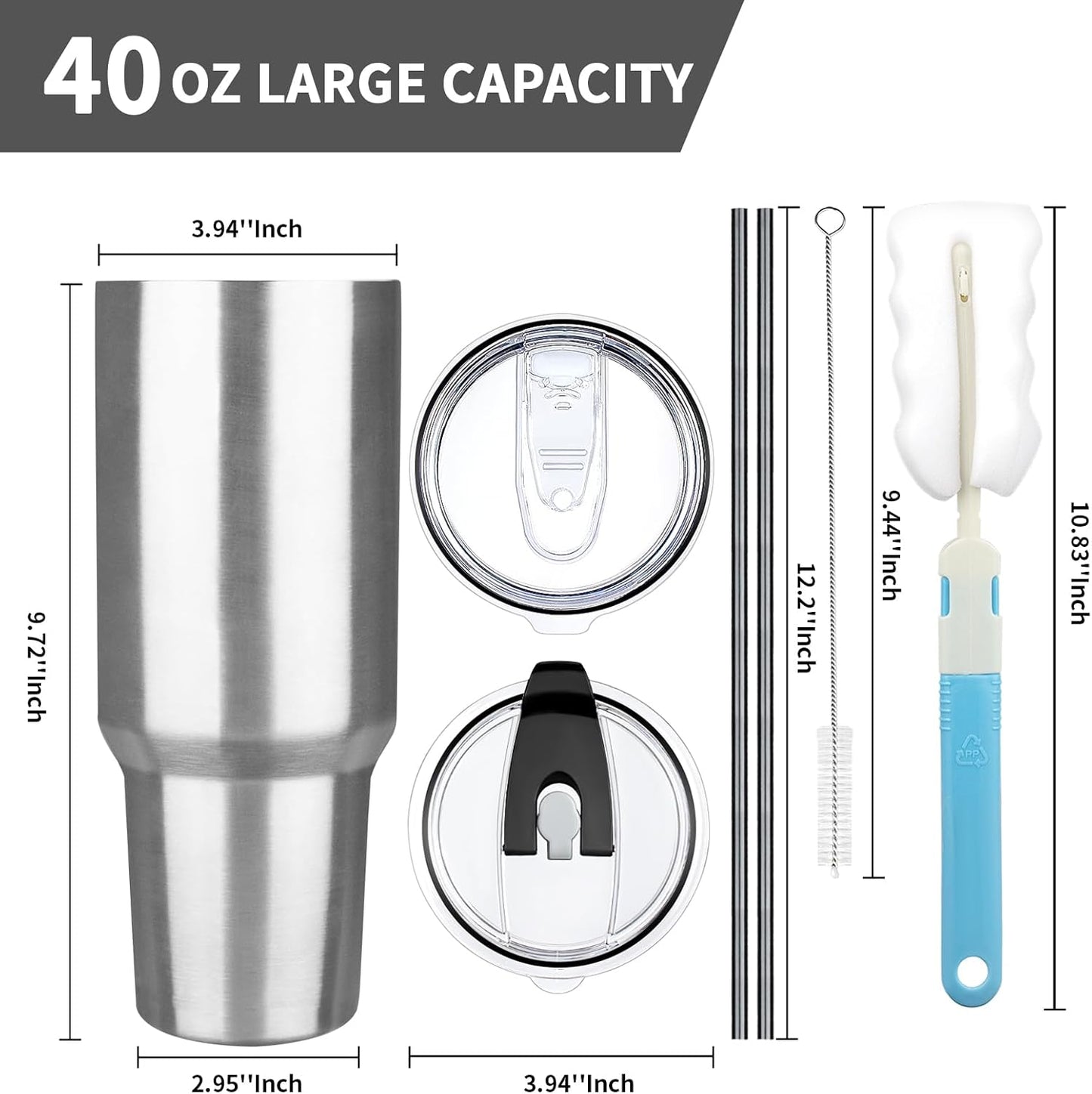 40 oz Tumbler with Lids and Straws, Stainless Steel Insulated Coffee Tumbler, Double Wall Vacuum Insulated Travel Mug Cup, Leakproof Thermal Coffee Cup for Hot and Cold Drinks (Silver)