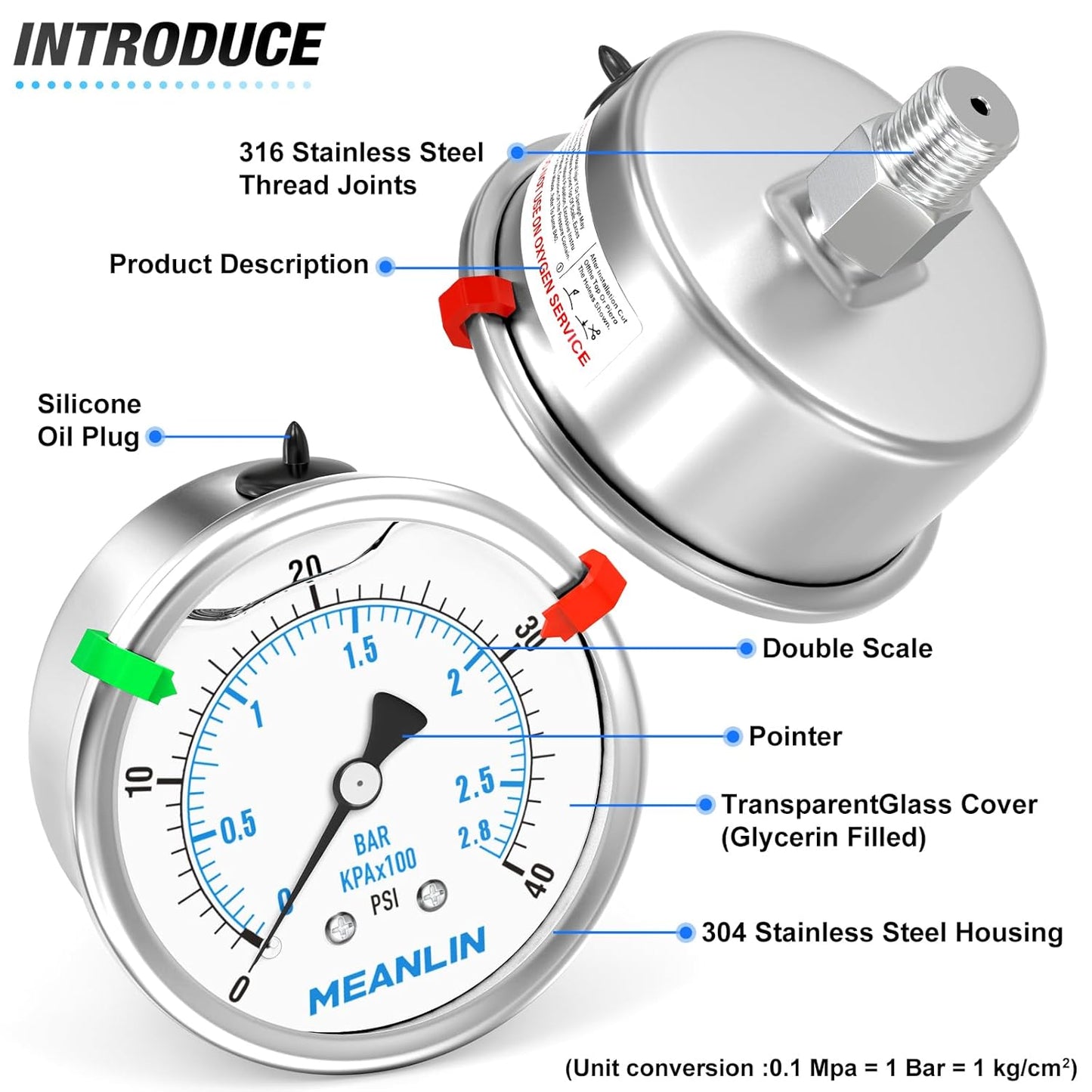 MEANLIN MEASURE 0~40Psi Liquid Filled Pressure Gauge Stainless Steel 2.5" FACE DIAL 1/4" NPT 316 Stainless Steel Joint for Pool Sand Filter Water Oil Air Pressure Test Back Mount, with 2PCS Snaps