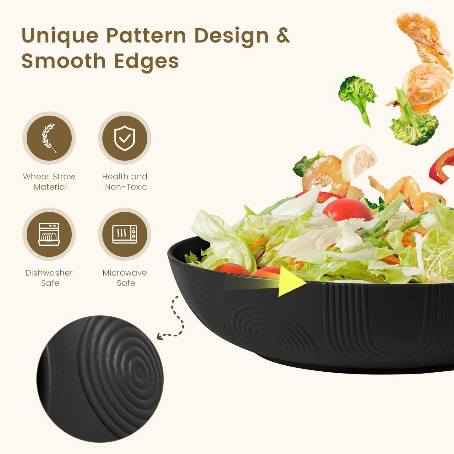 Homienly Wheat Straw Large Salad Bowl Set - Salad Bowls for Kitchen, Party, 60 OZ Large Capacity Serving Bowls Set of 2, Microwave and Dishwasher Safe Big Fruit Bowls (Black)