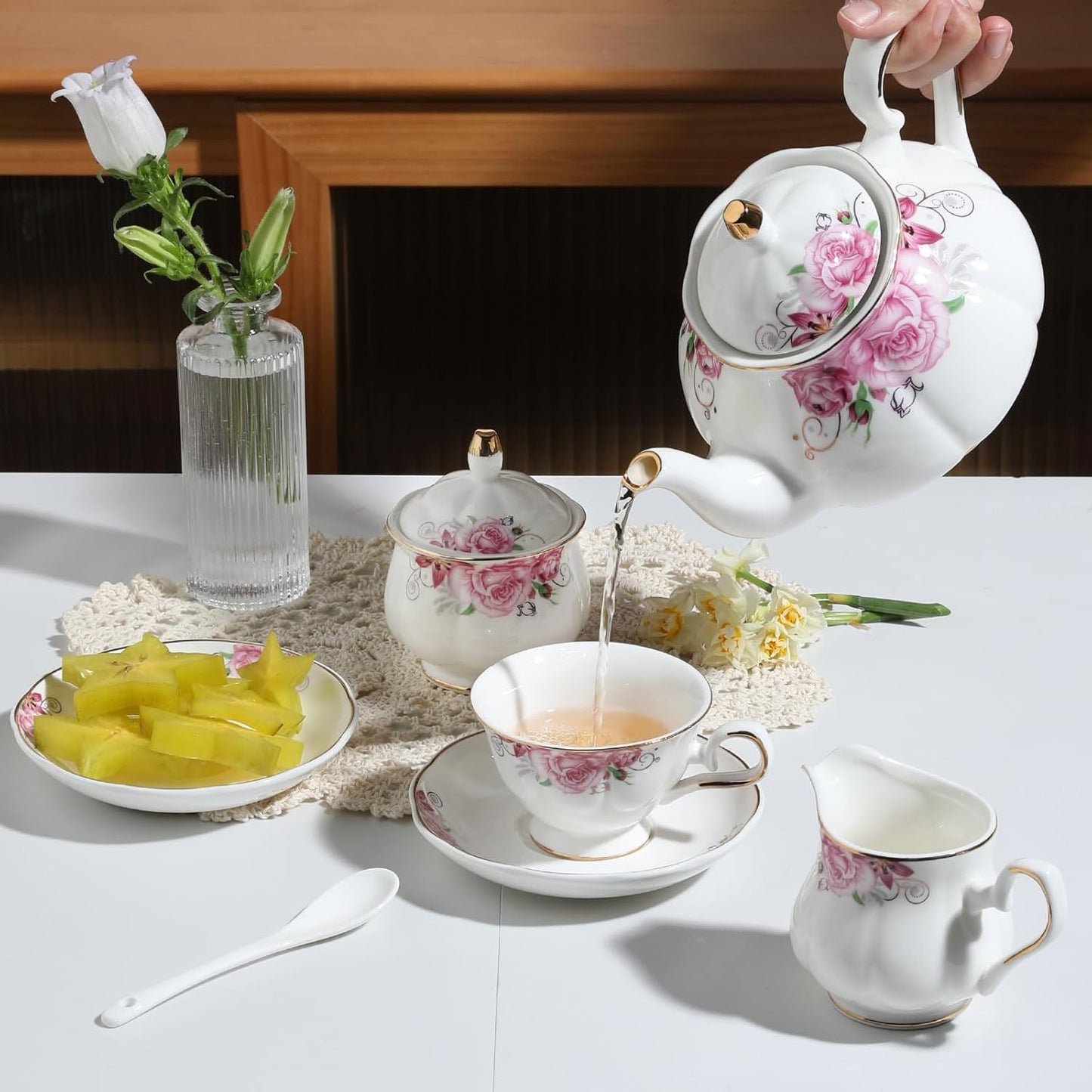 Sweejar Porcelain Tea Sets, Vintage British Floral Relief Gold Rimmed Teapot Cup and Saucer Set, Tea Set Service for 6, with Teapot, Sugar Bowl, Milk Jug, Spoons, Tea Cup and Saucer (Flower)