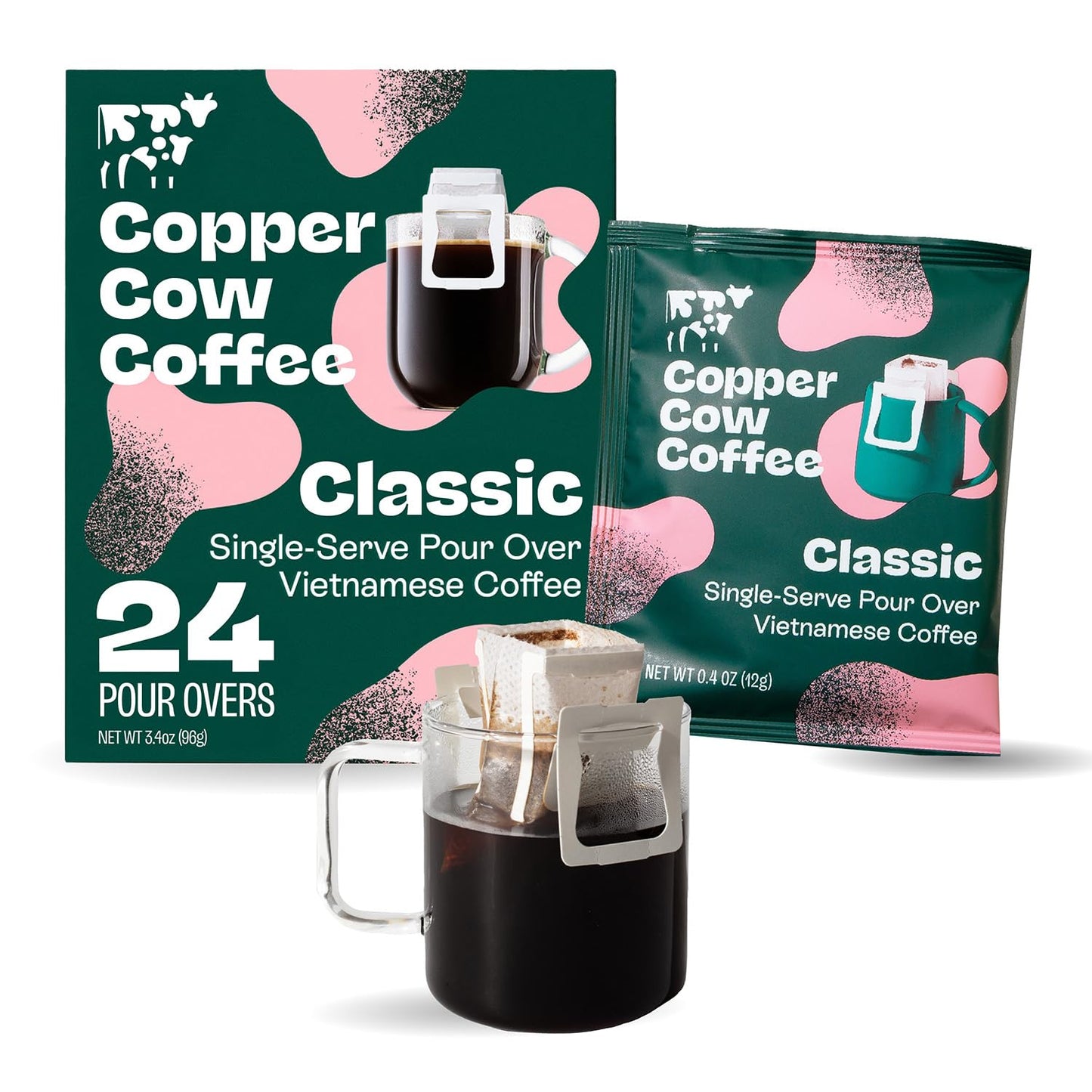 Copper Cow Premium Pour Over Single-Serve Vietnamese Coffee | Classic Black | Dark Roast | Includes 24 Coffees