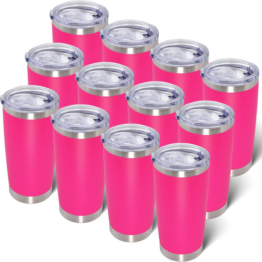 20oz Tumbler Bulk Stainless Steel Tumblers with Lid Vacuum Insulated Double Wall Travel Coffee Mug Powder Coated Tumbler Cup for Hot and Cold Drinks(Hot Pink, 12 pack)