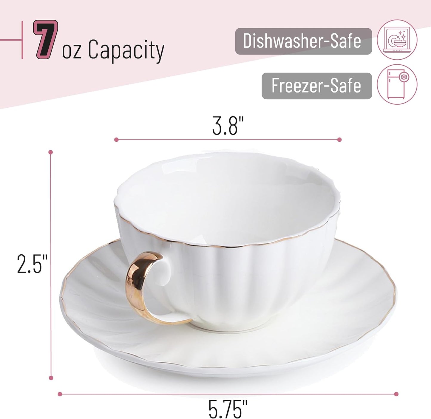 BTaT- White Tea Cups and Saucers Set With Gift Box, 7oz, Set of 6 With Gold Rim, for Adults, Bulk