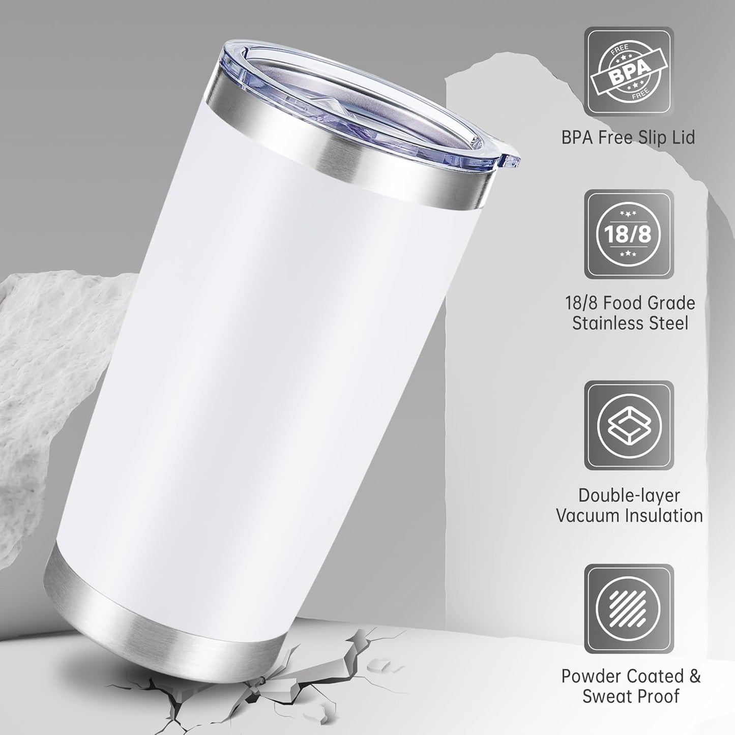 20 oz Tumblers Bulk Stainless Steel Tumbler with Lid Double Wall Vacuum Insulated Coffee Mug 20oz Powder Coated Cup for Hot and Cold Drinks, White, 12 pack