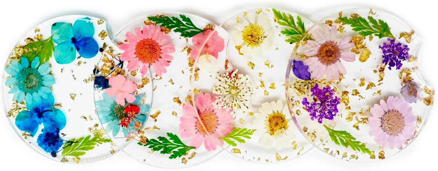 Dried Flower Coasters 4PCS, Resin Drink Coasters with Finger Notch, Reusable Cup Mats for Desk Protection Car and Home Decor