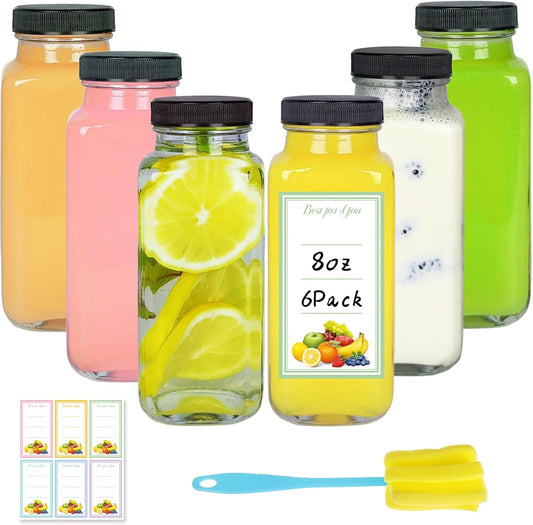 6 Pack 8oz Glass Juice Bottles with Lids, 250ml Reusable Glass Juicing Bottles, Square Drinking Jars Drink Containers with Caps for Water, Milk, Ginger, Kombucha, Beverages