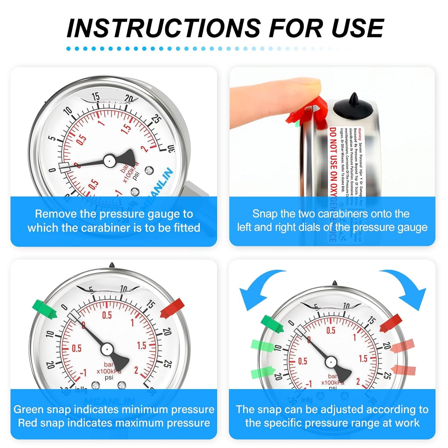 MEANLIN MEASURE -30inHG~30Psi Vacuum Pressure Gauge 316 Stainless Steel Joint 1/4" NPT 2.5" FACE DIAL, Stainless Steel Liquid Filled Pressure Gauge WOG Water Oil Air Lower Mount, 2PCS Snaps