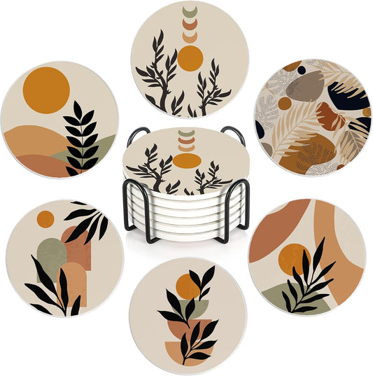 Drink Coasters Set of 6 with Holder, Abstract Boho Sun Leaves Absorbent Ceramic Coasters with Cork Base,Fit All Cups,Great Gift for Housewarming,Room Decor,Bar,Holiday Party