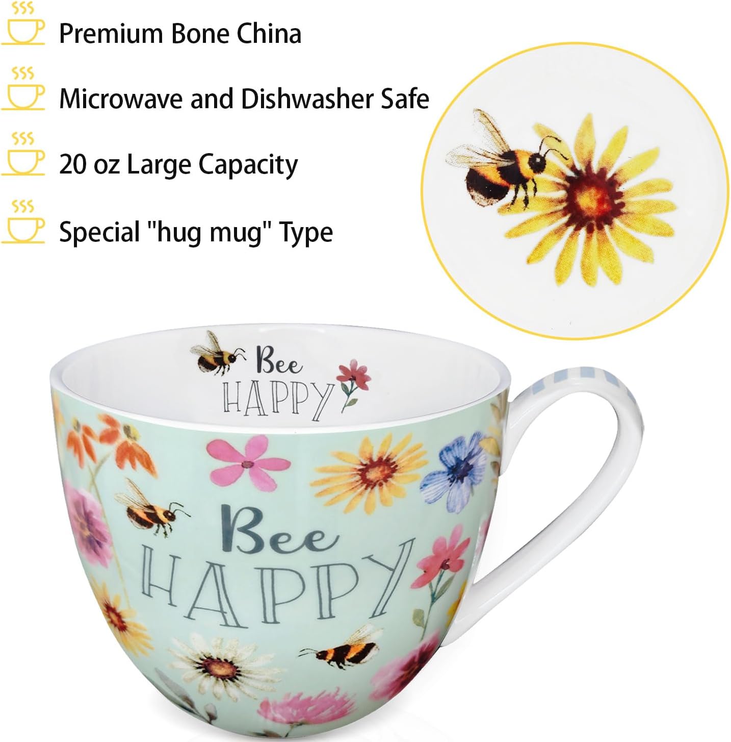 20 oz Bees & Flowers Coffee Hug Mug,“Be Happy” Designed to Spread Joy, Premium Bone China, Perfect Holiday and Birthday Gift for Women, Designed in England by Harvest Green Studio