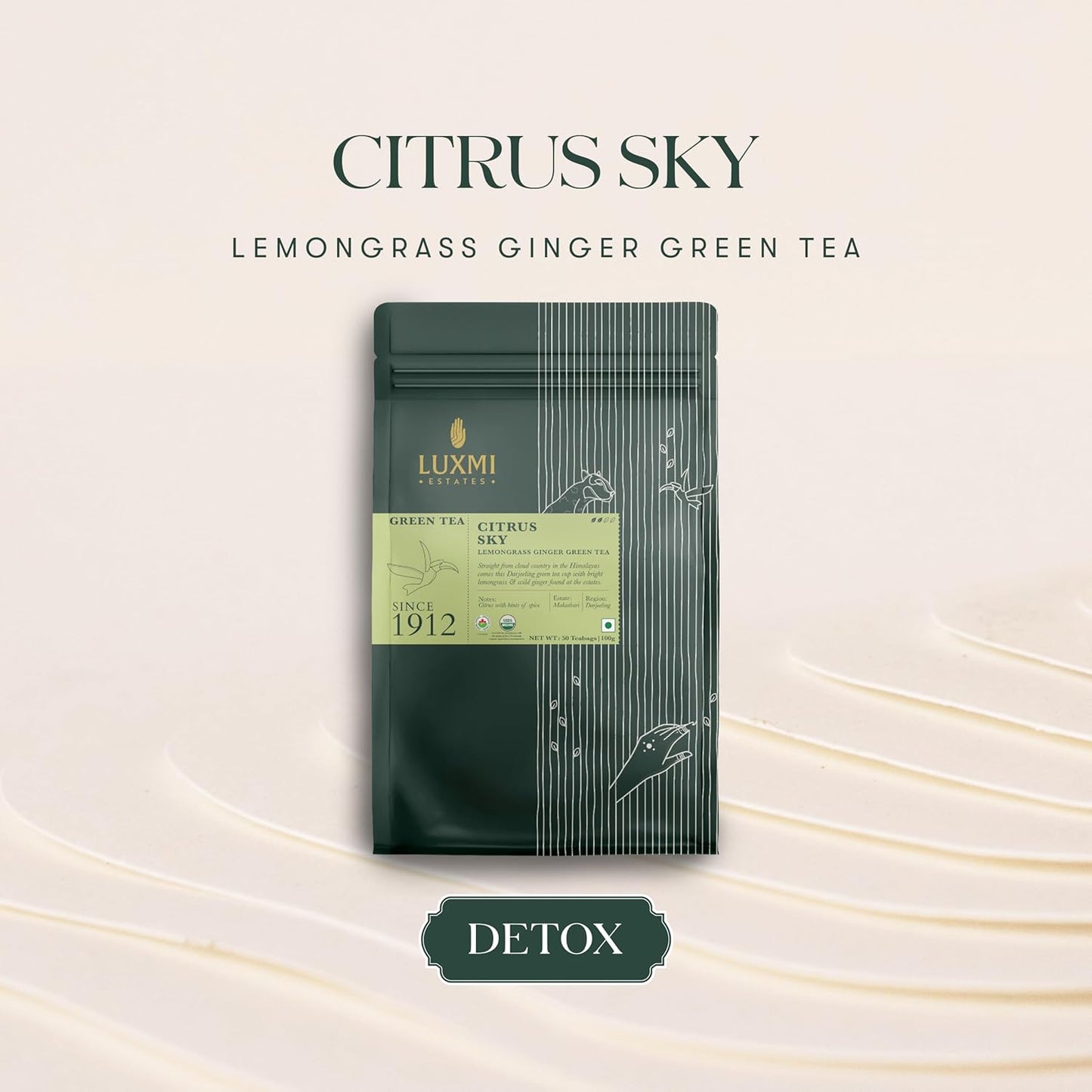 Luxmi Estates Citrus Sky Lemongrass Ginger Green Tea 50 Tea Bags (100g) Pack | Certified Organic Darjeeling Green Tea | Natural Lemon Balm Tea - Calming, Supports Digestion | 50 Cups Bulk Pack