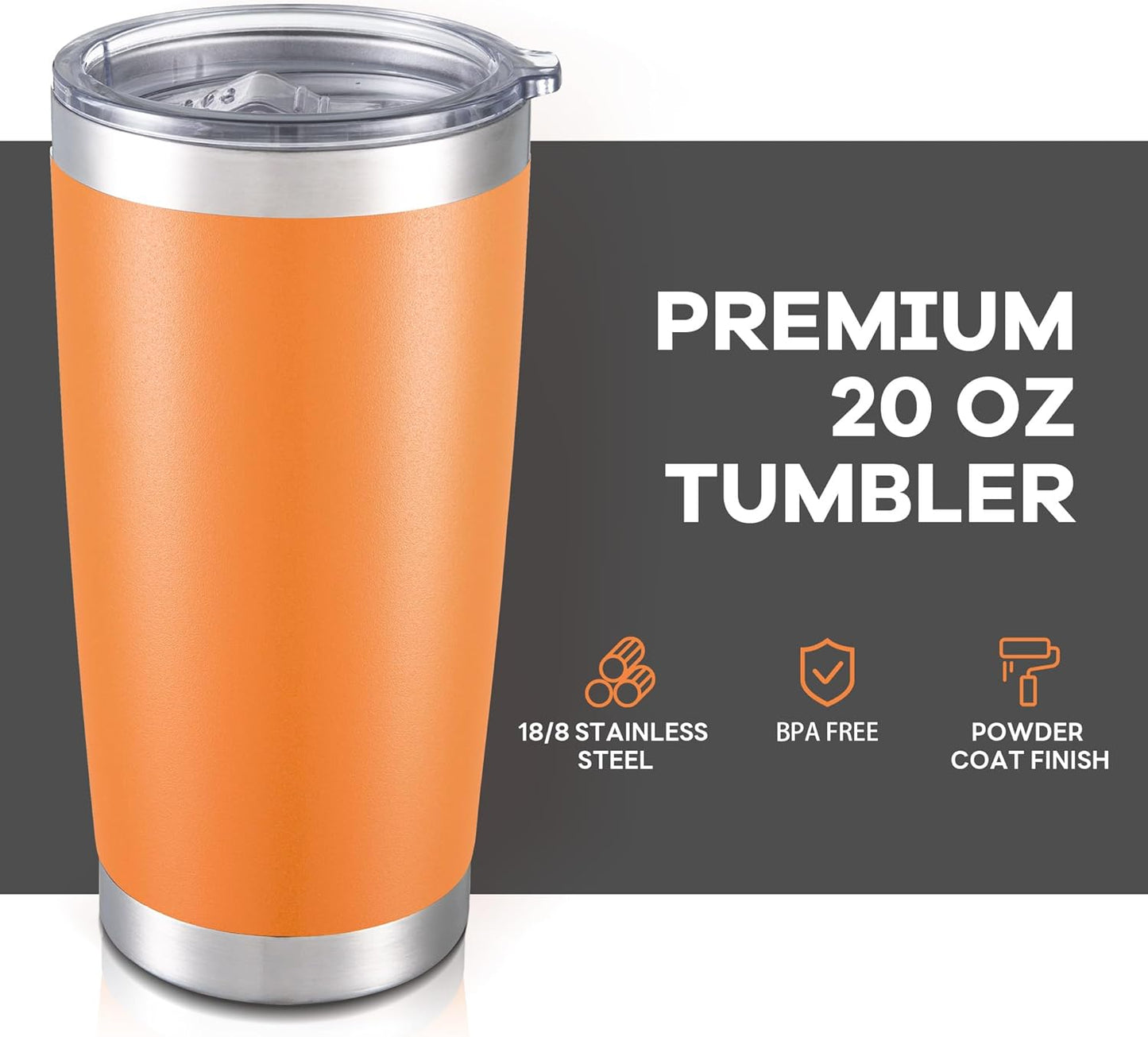 20 oz Tumbler with Lid Stainless Steel Insulated Tumblers Bulk Double Wall Vacuum Cups Powder Coated Travel Mug Keep Drinks Cold and Hot, Orange, 4 Pack