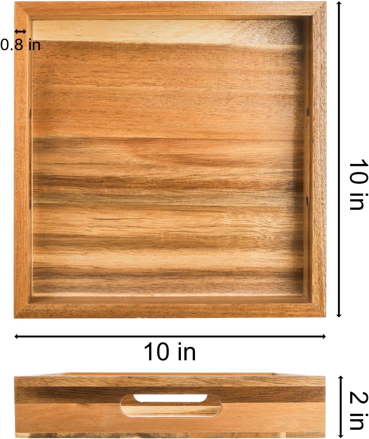 YOUEON Set of 2 Acacia Wood Serving Tray with Handles, 10x10x2 Inch Decorative Serving Trays for Food, Ottoman Tray, Square Coffee Table Trays for Dinner, Coffee, Wine, Appetizer