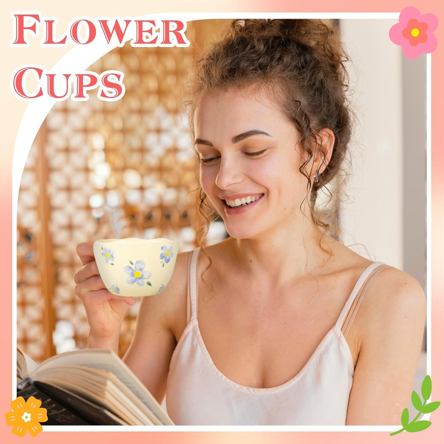 Ceramic Coffee Mug Vintage Flower Mugs 8 oz Cute Floral Coffee Mugs Irregular Latte Art Cup Lead-free Porcelain Cups for Cappuccino, Cocoa (Blue Flowers)