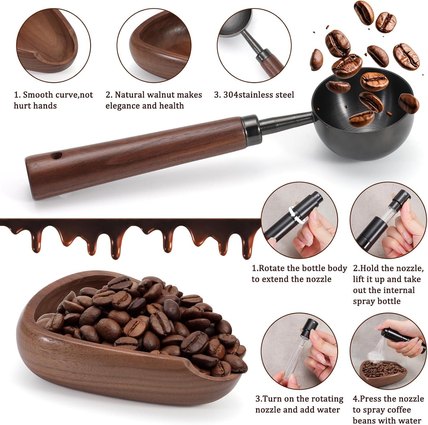 3pcs Coffee Bean Dosing Cup Set with Gift Box, Dosing Walnut Wood Cups Stainless Steel Spoon Portable Spray Bottle Static Reduction Precise Measuring for Espresso Tea Coffee Bar Accessories Kit