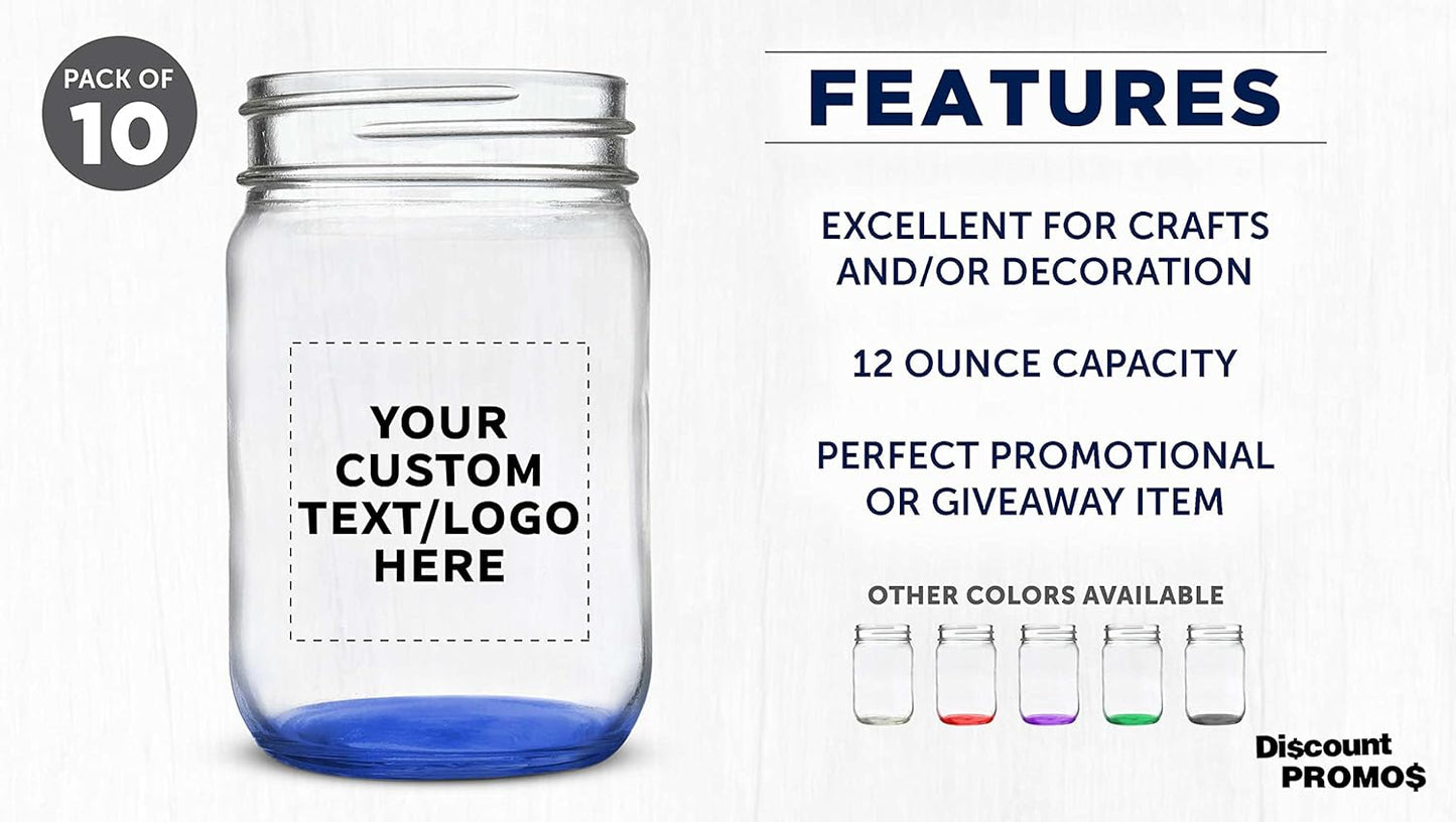 DISCOUNT PROMOS Custom Decorating Mason Jars 12 oz. Set of 10, Personalized Bulk Pack - Glass Jars for Overnight Oats, Candies, Fruits, Pickles, Spices, Beverages - Blue
