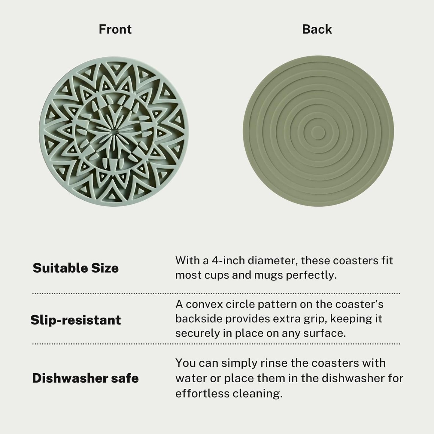 Set of 6 Olive Green Silicone Coasters with Holder, Drink Coasters with Tribal Pattern Shape- for Table Protection, Anti Slip, Nonstick, Heat Resistant, Deep Tray