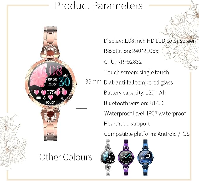Smartwatch for Women Compatible for Android/iOS Phones. Health and Fitness Tracker with Heart Rate Blood Pressure Bluetooth Remote Photography Female Menstrual Cycle (Gold)