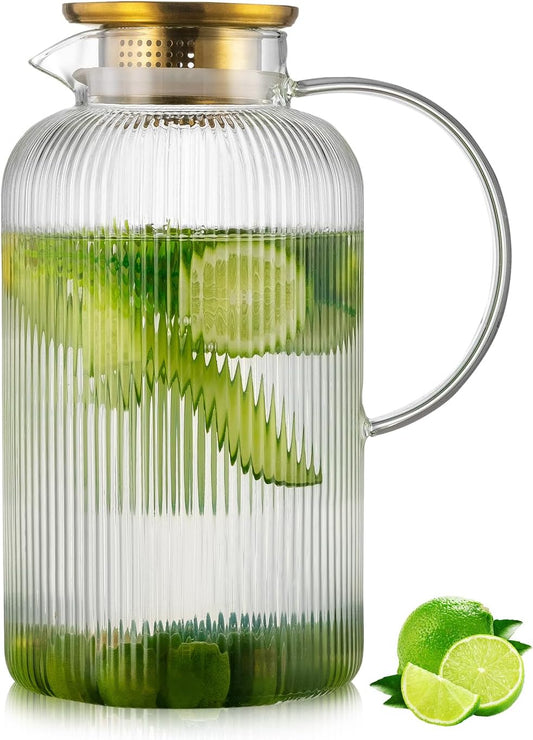 Glass Pitcher with Lid, 100 oz/ 3 Liter Classic Vertical Stripes Water Pitcher,Glass Water Carafe for Cold Brew, Coffee, Lemonade, Iced Sun Tea,Beverage, Milk, Heat Resistant