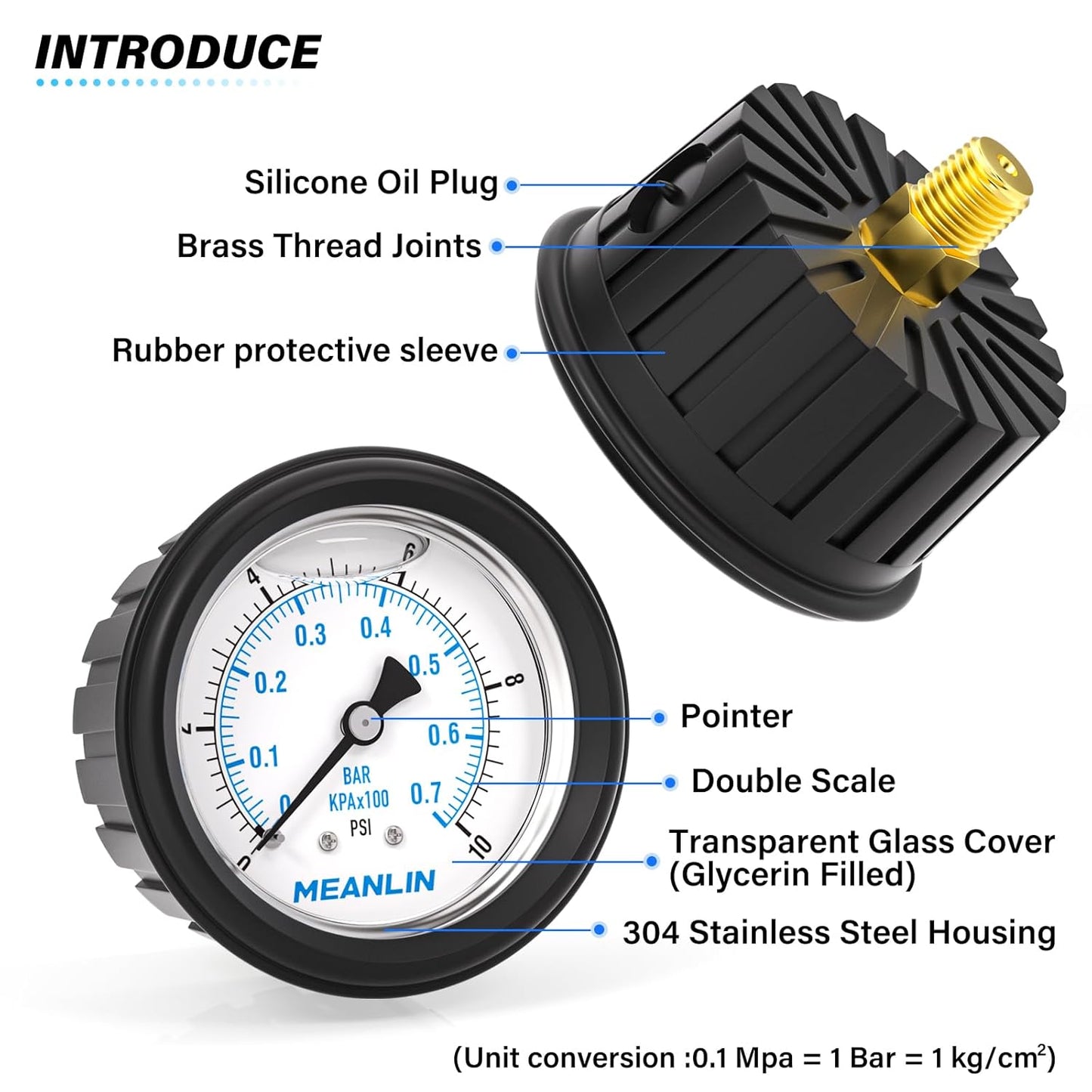 MEANLIN MEASURE 0~10Psi Stainless Steel 1/4" NPT 2.5" FACE DIAL Liquid Filled Pressure Gauge, Center Back Mount (with Rubber Protective Sleeve), with 1/2" NPT and 3/8" NPT Hex Bushing