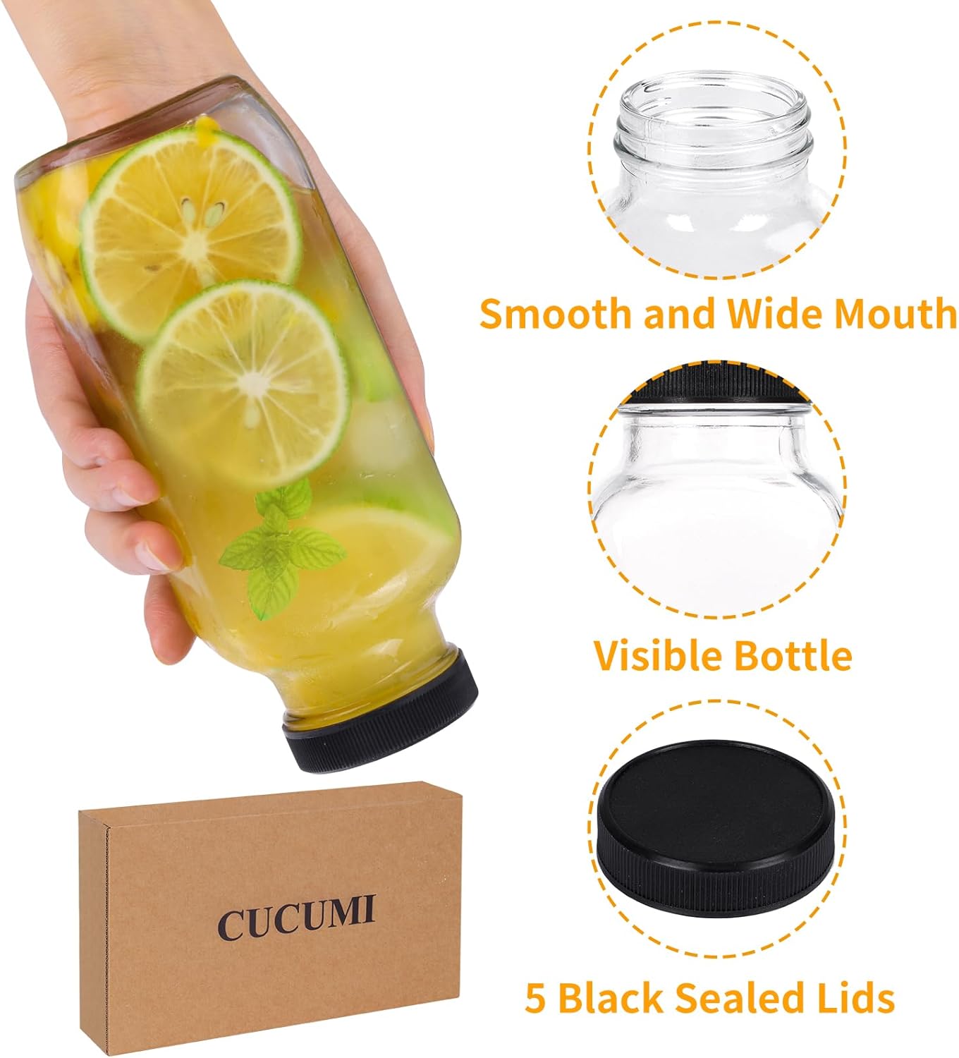 CUCUMI 5pcs 16oz Glass Juice Bottles with Lids, Reusable Juice Containers Drinking Jars Water Cups with Brush, Glass Straws, Lids with Hole