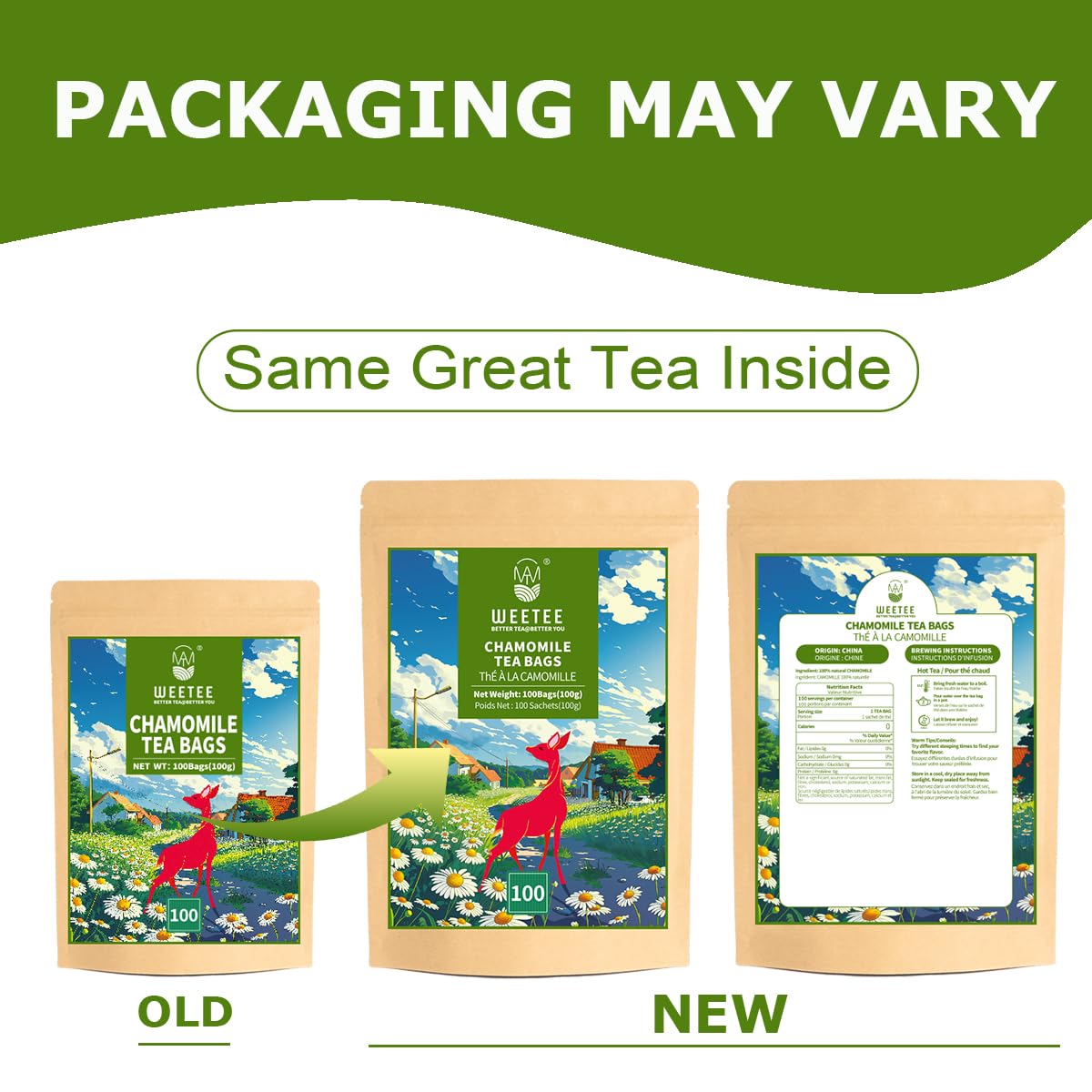 WT WEETEE Chamomile Tea bags, Made with 100% Pure Chamomile Flowers, Natural Caffeine-free Herbal Tea for Relaxation