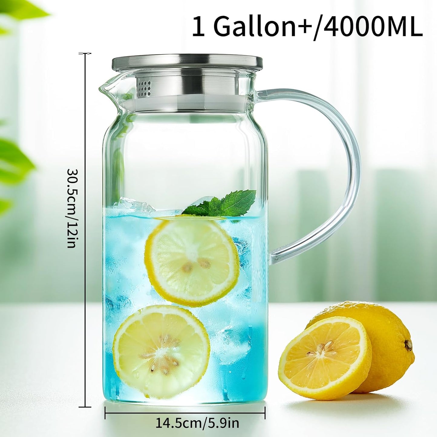 1 Gallon Glass Pitcher with Lid and Spout, Water Jug, 4000ML Carafe for Hot/Cold Water, Large Iced Tea Pitcher for Coffee, Juice and Homemade Beverage