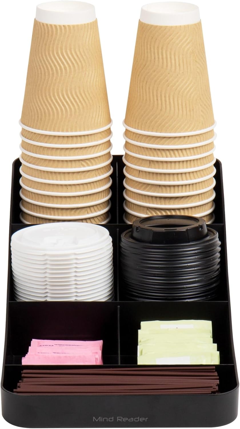 Mind Reader Cup and Condiment Station, Set of 2, Countertop Organizer, Coffee Bar, Kitchen, 7.25" L x 15.5" W x 5.25" H, Black