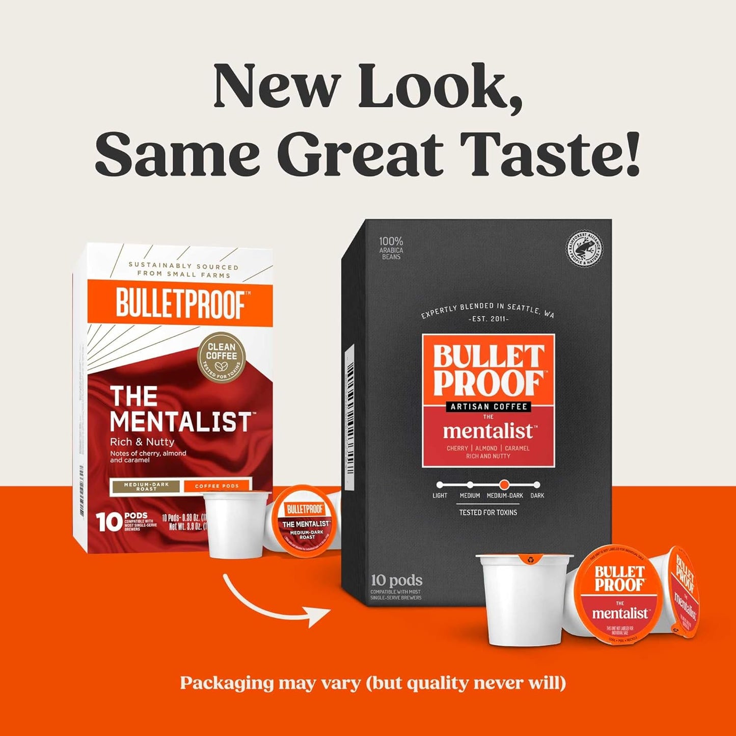 Bulletproof The Mentalist Medium-Dark Roast Single-Serve Pods, 10 Count, 100% Arabica Beans, Clean Coffee Tested for Toxins, Packaging May Vary