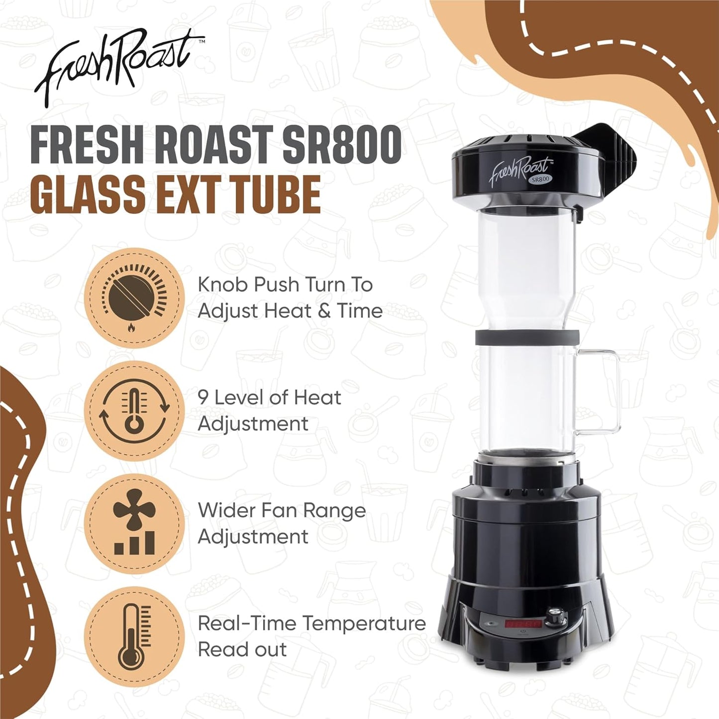 Fresh Roast Coffee Roaster Bundle SR800, Glass Extension Tube, Burr Grinder, (2 Lbs) Sample Pack of Green Beans, (2- pack) Sample trays