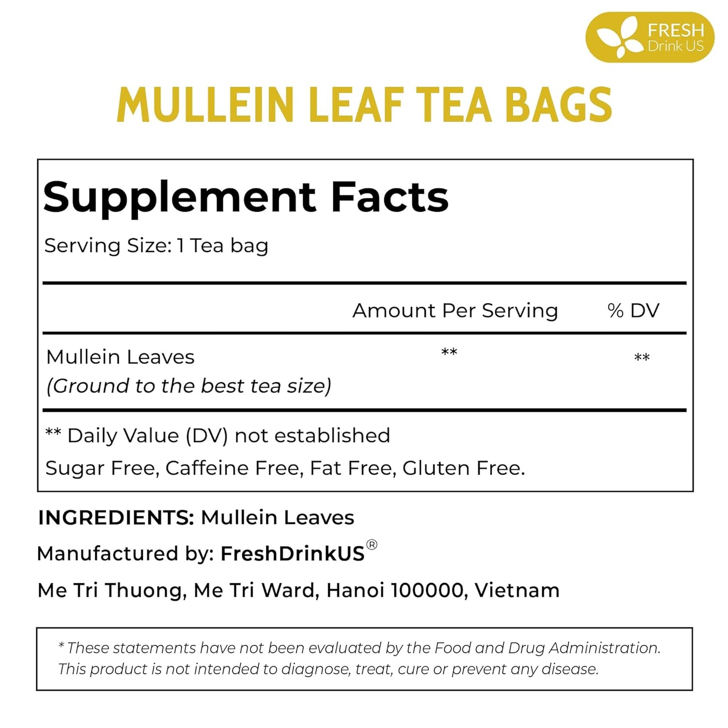 FreshDrinkUS, Premium 120 Mullein Leaf Tea Bags For Lung, 100% Natural & Pure from Mullein Leaves. Loose Leaf Mullein Herbal Tea. Made with Natural Material Tea Bags. No Sugar, No Caffeine, No Gluten, Vegan.