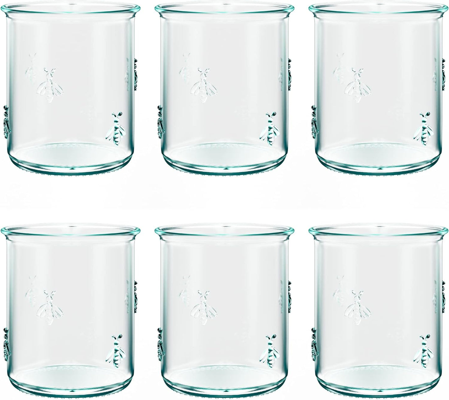 Amici Home Regina DOF Glass | 12 Oz | Italian Made, Recycled Green Glass | Drinking Glass with Embossed Bee Design for Water, Juice, Iced Tea, Cocktails (Set of 6)