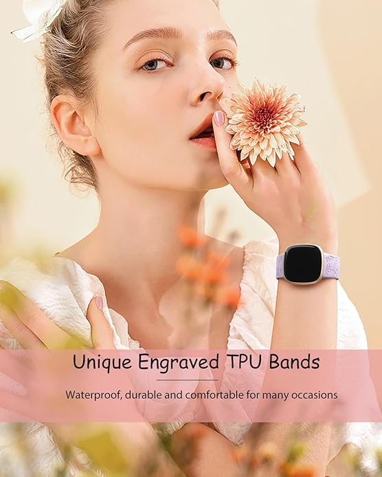SNBLK 2 Pack Engraved Bands Only Compatible with Fitbit Versa 3/Fitbit Sense/Fitbit Versa 4/Fitbit Sense 2 Bands Four Models, Sunflower Rose Elegant Soft TPU Floral Pattern Replacement Strap Women