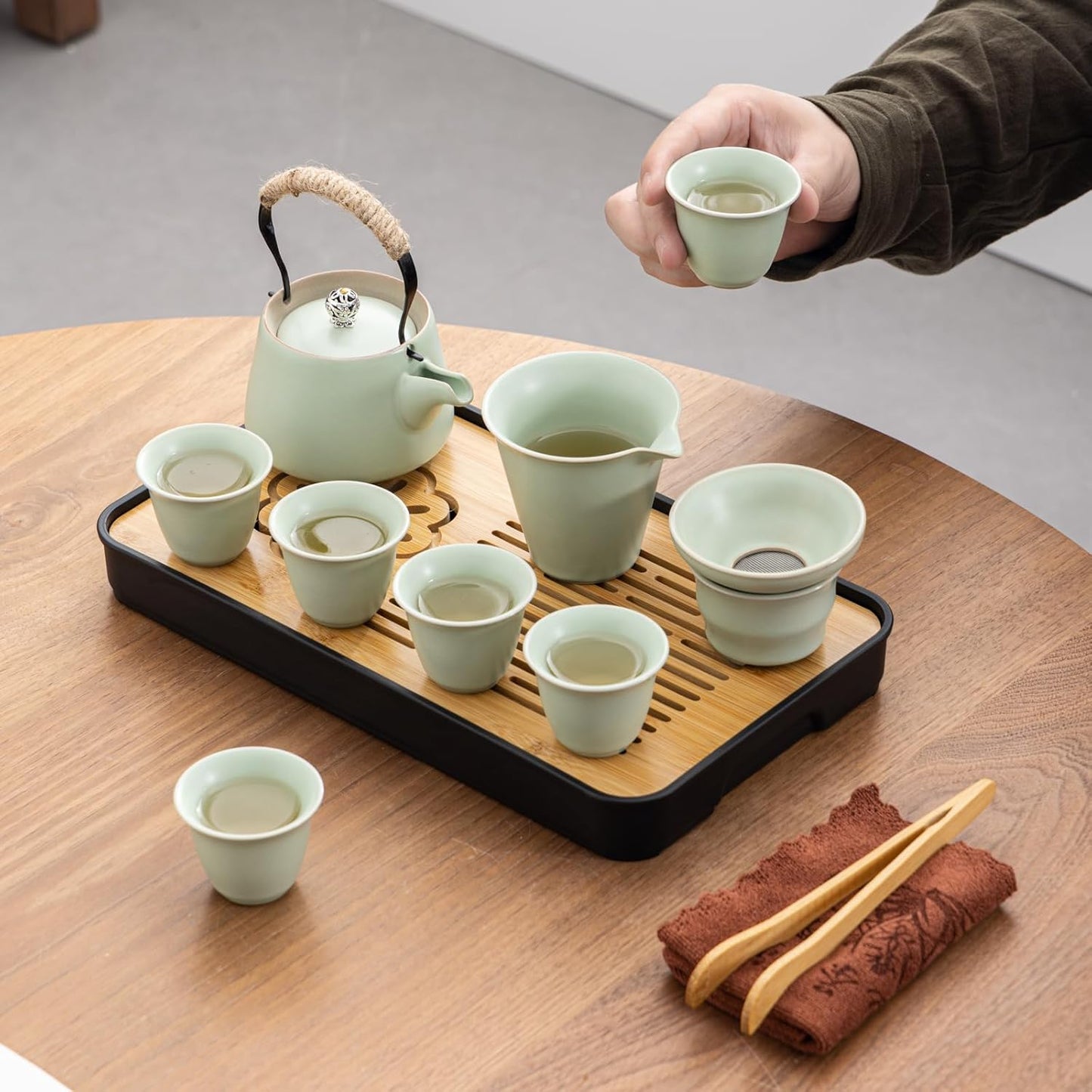 Travel tea set,Portable ceramic tea set,Chinese tea set,Tea sets for adults,Tea pot sets,Portable Travel Bag,Home,Gifting,Outdoor and Office,茶具 (Light green)