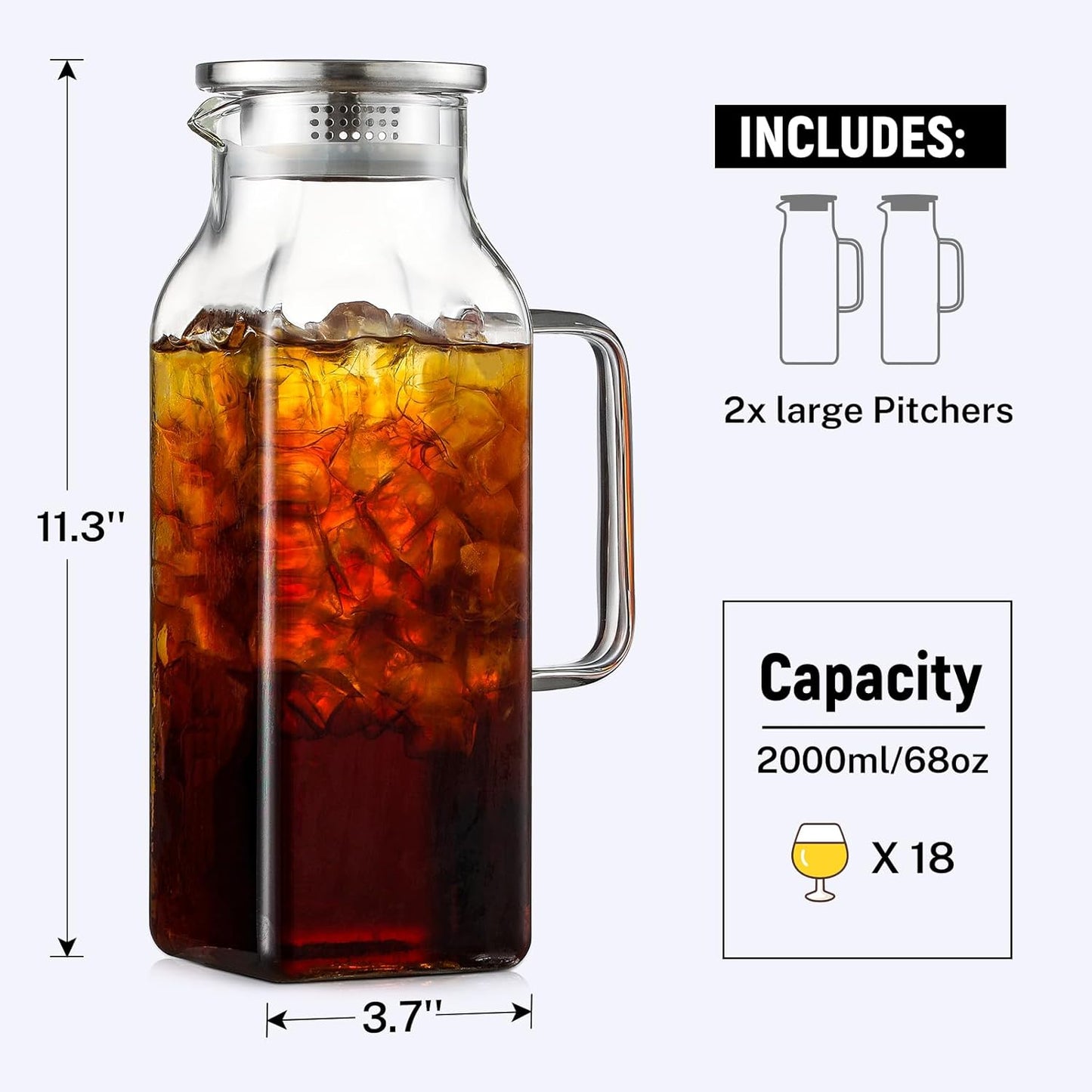 Netany 4 Pack 2 Liters/68 oz Square Glass Pitcher with Lid and Handle for Fridge, Iced Tea and Coffee Carafe Beverage Serveware, Heat Resistant Borosilicate Water Jug for Hot/Cold Drinks and Milk