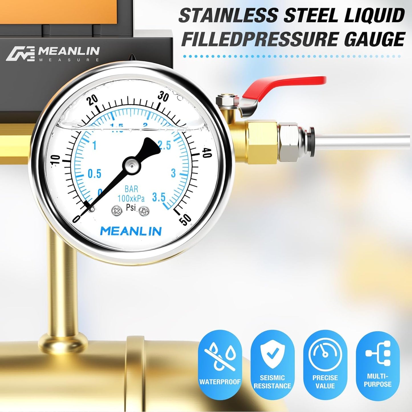 MEANLIN MEASURE 0~50Psi Liquid Filled Pressure Gauge Stainless Steel with 316 Stainless Steel Joint 1/4" NPT 2.5" FACE DIAL for Pool Sand Filter Water Oil Air Pressure Test Center Back Mount