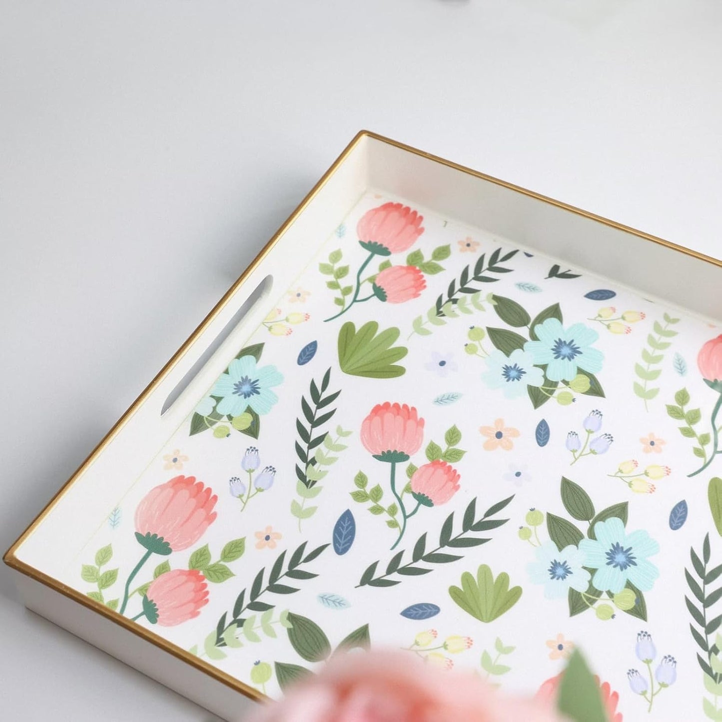 Rectangle Serving Tray with Handles, Coffee Table Tray for Ottoman, Organizer Vanity Tray for Living Room, Outdoor Tray for Patio Entertaining, Serving Breakfast Kitchen Platter LEE3040WH