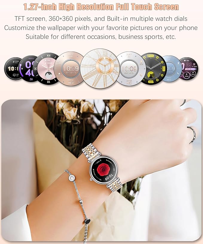 Smart Watch for Women 1.27" Color Screen Waterproof Fitness Activity Tracker Rose Gold Women's Smart Watch with Heart Rate Sleep Monitor for Android and iOS (Two-Tone Silver Steel RT-i109)