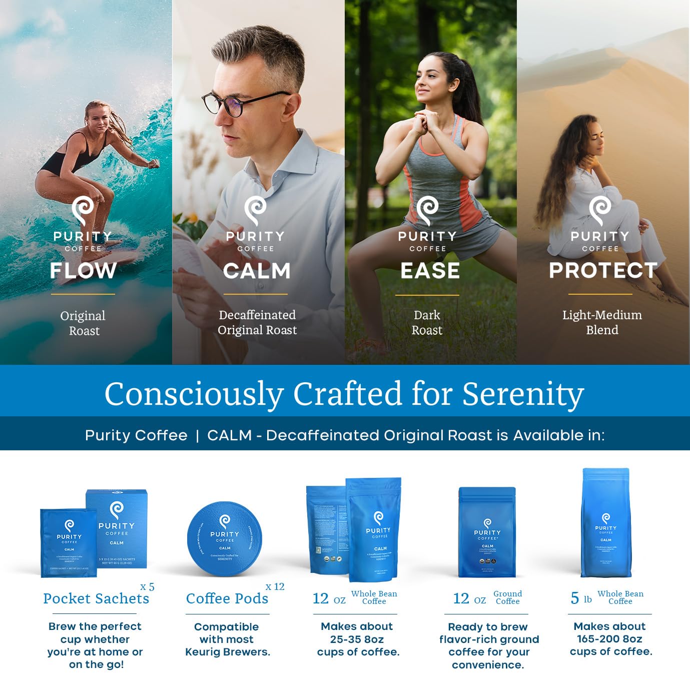 Purity Coffee CALM Decaf Ground Coffee - Natural Water Decaffeinated Coffee - USDA Organic and Third-Party Tested for Antioxidants, Mold, Mycotoxins and Pesticides - 12oz (Purity Calm, medium_roast) | Ground| CALM