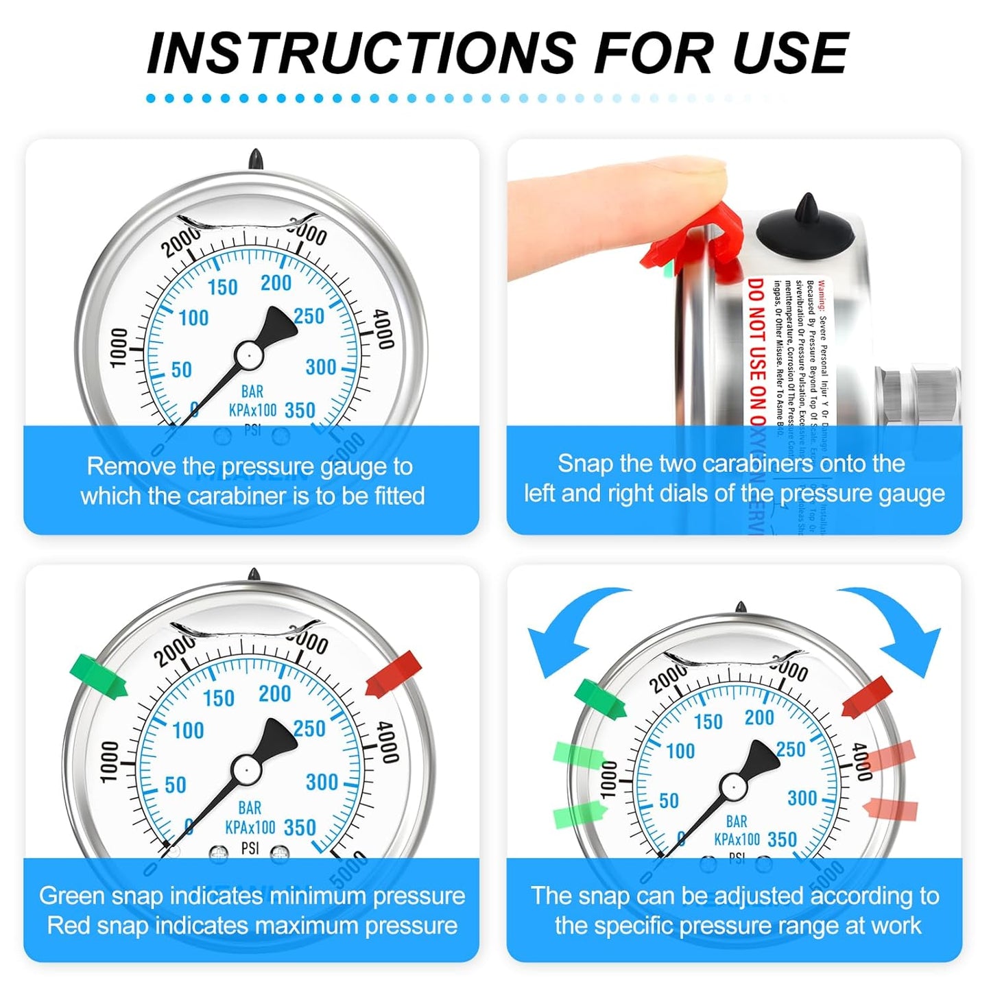 MEANLIN MEASURE 0~5000Psi Liquid Filled Pressure Gauge Stainless Steel 2.5" FACE DIAL 1/4" NPT 316 Stainless Steel Joint for WOG Water Oil Air Back Mount, with 2PCS Snaps