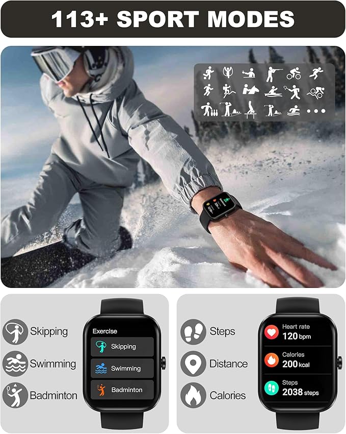 Smart Watch for Men Women(Answer/Make Call)-1.91" HD Fitness Smartwatch with Sleep/Heart Rate/spO2 Monitor, 113+ Sport Modes, IP68 Waterproof Smart Watch for Android iOS,Black