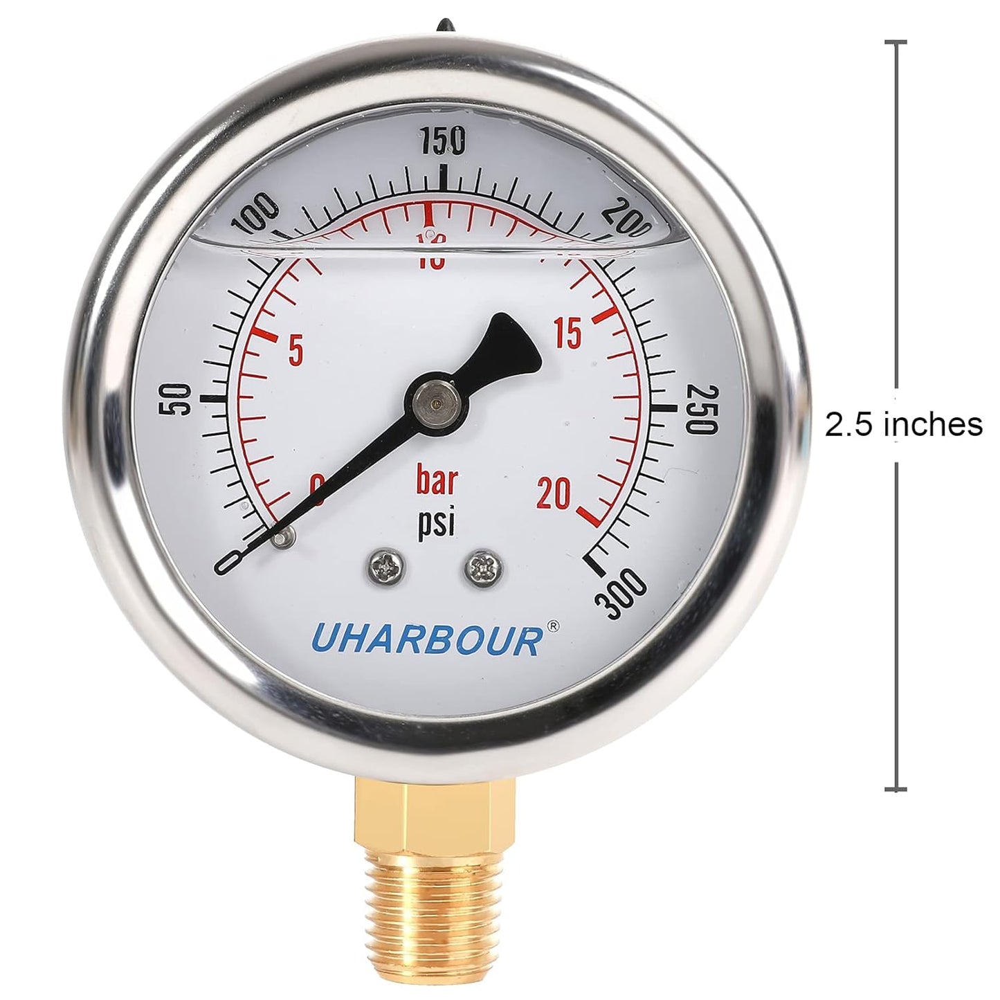 Glycerin Filled Pressure Gauge 300psi/20bar, Stainless Steel case, Brass Inside Construction, 2-1/2" dial, 1/4" NPT Rear Connection.