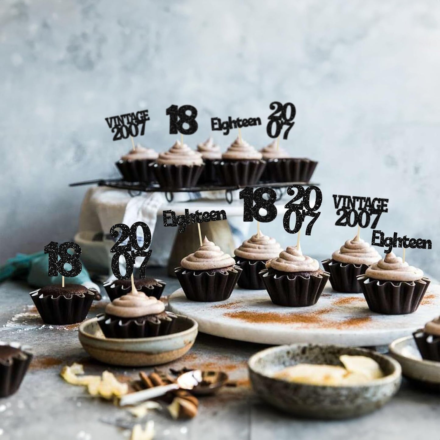 Gyufise 24Pcs 18th Birthday Cupcake Toppers Glitter Eighteen Vintage 2007 Adultish 18 Cupcake Picks Hello 18 Years Birthday Cake Decorations for Happy 18th Birthday Anniversary Party Supplies Black