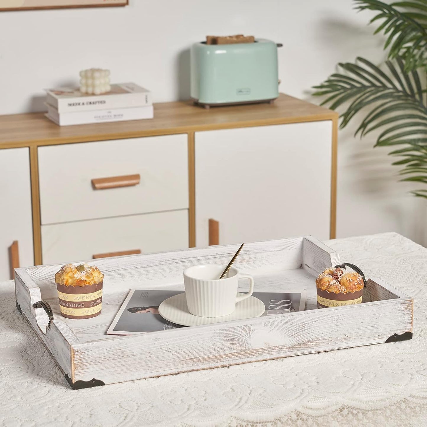 Large Wood Rectangular Serving Tray 20 x 14 Inch Rustic Wooden Ottoman Tray with Metal Handle and Wrapped Corners, Wood Coffee Table Tray Solid Pine Decorative Tray Whitewashed