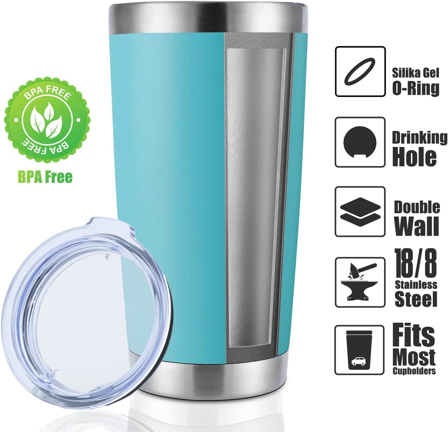 DOMICARE 20oz Stainless Steel Tumbler Bulk with Lid, Double Wall Vacuum Insulated Travel Mug, Powder Coated Coffee Cup, Light Blue, 4 Pack